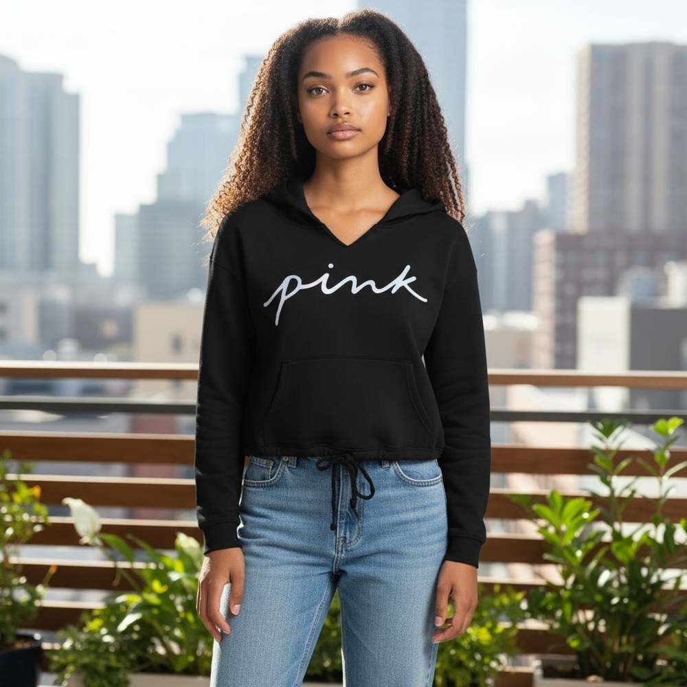 Victoria Secret Pink Logo Long Sleeve V-Neck Cropped Hoodie